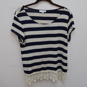 Mauve Blue Cream Striped Floral Crochet Hem Top